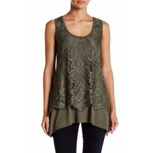 Karen Kane Tunic Tank Top Size XS Olive Green Stretch Jersey Knit Lace 2L13549